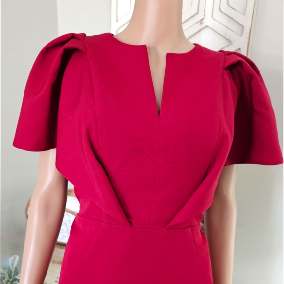 TS Couture Deep Red Ruffled Angel Sleeve Knee Length Sheath Dress - Picture 7 of 9